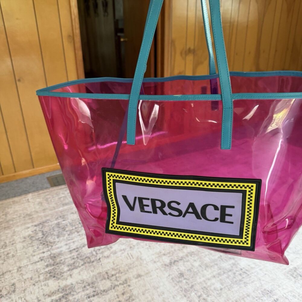 VERSACE 90's Vintage Logo Soft Tote Pink Clear Vinyl Blue Calfskin